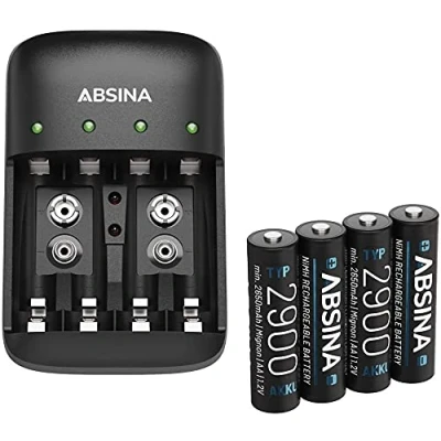 Imagen de ABSINA Cargador Pilas AA AAA &amp; 9V + 4X 2900 Pila Recargables NiMH para 4 Baterías AA, Cargadores de