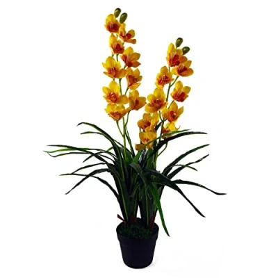 Imagen de Leaf Planta Artificial de orquídea Cymbidium 90 cm, Maceta plástico Extra Grande, Color Amarillo