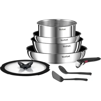 Imagen de Tefal Ingenio Batería de cocina (8 piezas, incluye inducción, revestimiento antiadherente, acero inoxidable, 5 años garantía, apilable, Emotion L8979804)