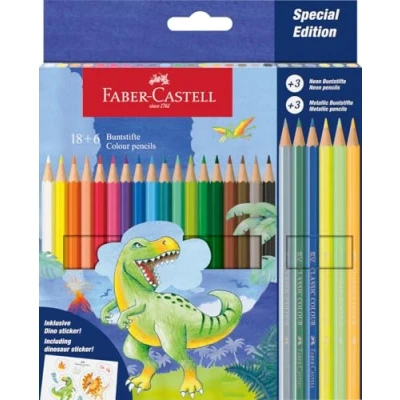 Imagen de Faber Castell 111222 Estuche de Cartón con 24 Lápices Colores 18 Clásicos + 3 Neón Metálicos Edición Dinosaurio