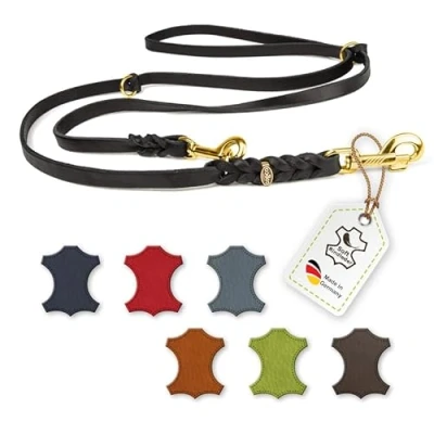 Imagen de CopcoPet Correa de cuero engrasado para perros ajustable en 3 posiciones piel suave con mosquetones y herrajes latón trenzado 100% hecho a mano Alemania (3,50 m x 20 mm Negro)