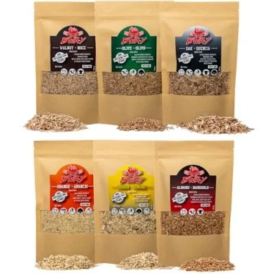 Imagen de BWAY Madera para Ahumador de Alimentos Profesional Olivo, Naranja, Almendra, Limón, Nuez y Roble (6 x 400 ml) Ebook Regalo con 20 Recetas Regalos Chefs Ideales Ahumar