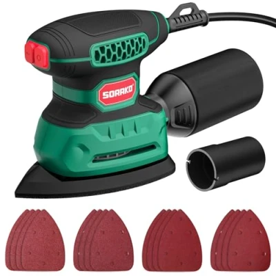 Imagen de SORAKO Lijadora Madera 220W 14000 OPM Electrica Con Bolsa Para Polvo Y 16 Hojas De Lija, Ideal Lijar Superficies Acero En Espacios Reducidos