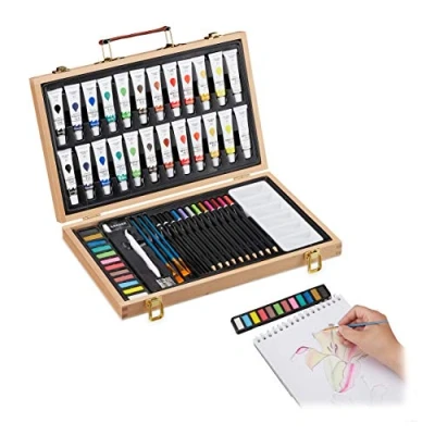 Imagen de Relaxdays Maletín Pinturas al Óleo con Goma, Sacapuntas, Lápices y Lapiceros Color, Madera, 56 Piezas, Marrón