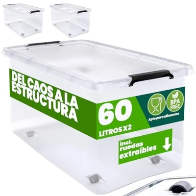 Imagen de Deuba® 2X Cajas de Almacenamiento 60L Tapa Clips Cierre Transparentes Almacenaje Juguetes Ruedas Apilable