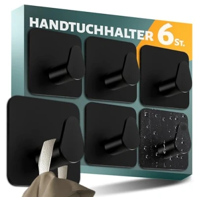 Imagen de Menz Toallero sin taladrar, juego de 6 unidades en negro, ganchos para toallas baño acero inoxidable, ovalados funcionales autoadhesivos, fuertes adhesivos como