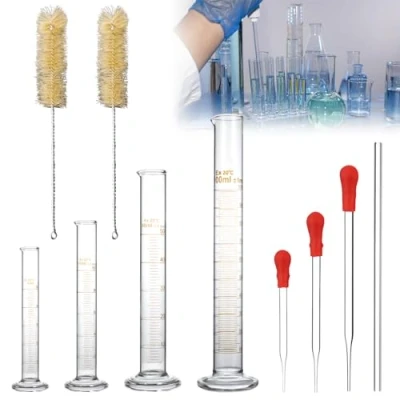 Imagen de Probeta medidora de cristal, 10 unidades cilindro medidor cristal grueso, juego con 4 cilindros medidores 5 ml/10ml/50 ml/100 ml, 3 pipetas vidrio, 1 varilla 2 cepillos para