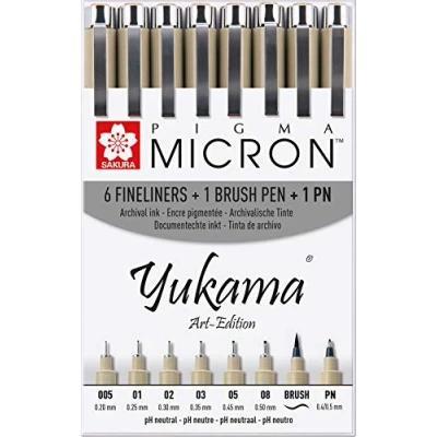 Imagen de Yukama Sakura Pigma Art Edition Juego de rotuladores punta fina (8 unidades, 6 Micron, 1 pincel Brush y PN)
