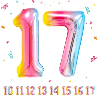 Imagen de Globos de 17 cumpleaños,Arcoiris pulgadas Globo número, decoraciones número cumpleaños para hombre y mujer, inflable lámina Arcoiris