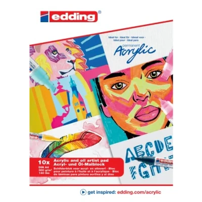 Imagen de edding 30010 bloc de láminas para pintura acrílica y al óleo blanco 10 hojas en A4 papel grueso pintar (300 g/m²) similar lienzo, sin ácidos, ideal profesionales principiantes