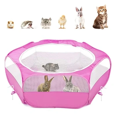 Imagen de Pawaboo Valla de Animales Portátil Oxford, Parque Plegable con Tres Varillas Metálicas, Amplia Abertura para Erizos Ardillas Gatos Dragón y Conejos Rosa Roja