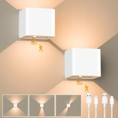 Imagen de GuKKK Aplique de Pared Interior, 2 Piezas Lámpara con Sensor Movimiento, Inalámbrica Recargable, Blanco Cálido 3000K ángulo Haz Regulable (Blanco)