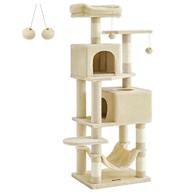 Imagen de Feandrea Árbol para Gatos de 155 cm Altura, Rascador con 5 Postes, 2 Plataformas, Cuevas, Hamaca, Pompones, Felpa Multicapa, Beige PCT192M01
