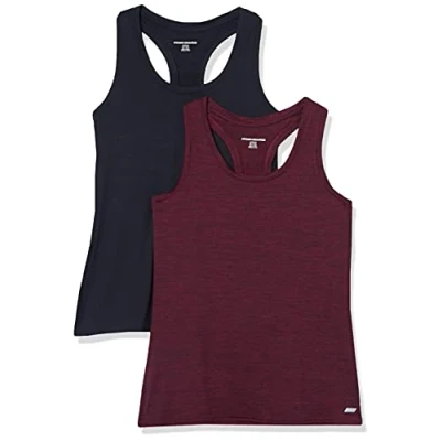 Imagen de Amazon Essentials Camiseta Técnica con Espalda Deportiva en Tejido Elástico (Disponible Tallas Grandes) Mujer, Pack de 2, Burdeos Teñido Multicolor/Negro, XL