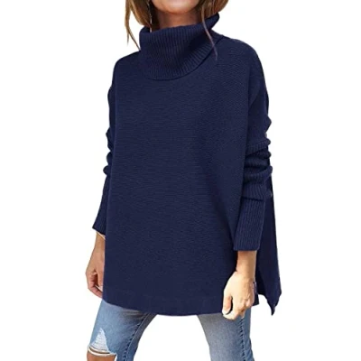 Imagen de Jerseys Punto Mujer,Jersey De Cuello Alto para Mujer Jersey Azul Marino Acanalado Moda Casual Otoño Invierno Suéteres Novia La Familia,