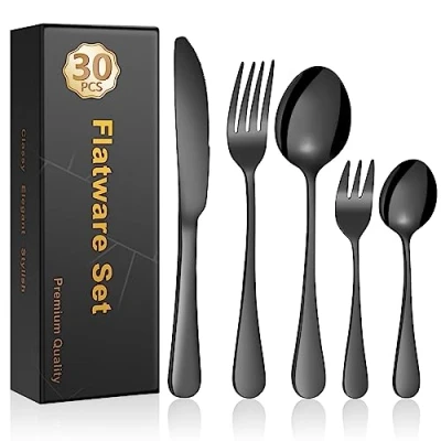 Imagen de Cinnani Cubiertos Negros de 30 piezas, Juego para 6 personas, Cubertería Acero Inoxidable, Cuberterias Completas, Set con Cuchillo, Tenedor, Cuchara, Apto Lavavajillas
