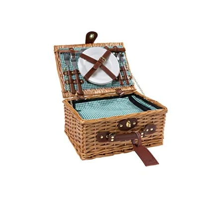 Imagen de eGenuss Cesta de Mimbre para Picnic 2 Personas con Cubiertos Acero Inoxidable refrigerador Copas Vino y Platos en cerámicaVerde