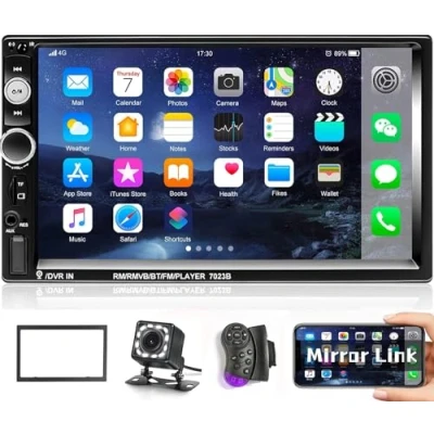 Imagen de CAMECHO Radio 2 DIN con Bluetooth Manos Libres, 7 Pulgadas Pantalla Táctil Reproductor MP5 AUX/USB/TF Tarjeta/Enlace Espejo/FM Radio/Controles del Volante+Camara Trasera