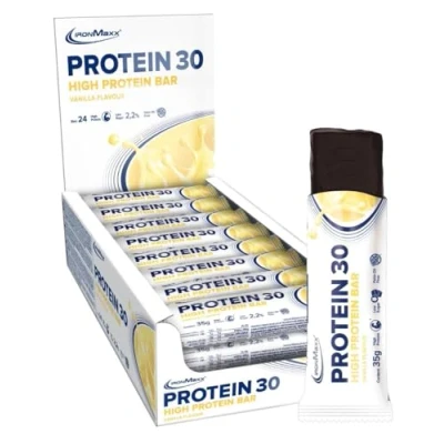 Imagen de IronMaxx Proteína 30 barrita proteica Vainilla 24 x 35g sin aceite de palma y gluten con vitaminas adecuado para una alimentación baja en azúcar carbohidratos
