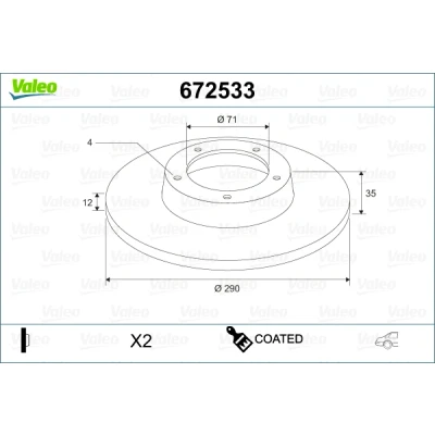Imagen de VALEO 672533 Disco de freno Eje trasero 290 12 4 macizo revestido PEUGEOT: 308 I Hatchback, 3008 I, CC, CITROËN: C4 II DS4 Hatchback