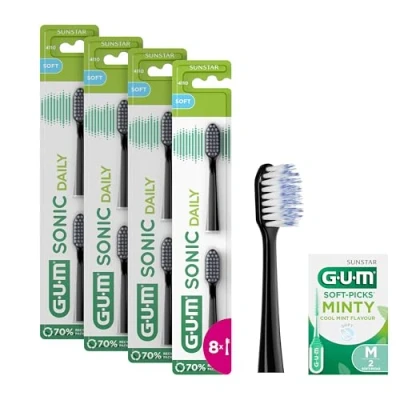 Imagen de GUM Sonic Daily Cabezales de repuesto para cepillo dientes sónico Daily/cerdas suaves y microfinas una limpieza suave profunda cada día / 4x2 unidades +1 muestra extra (Negro)