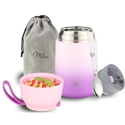 Imagen de Milu Termo para Comida 650 ml Taza Aislada, Botella de Acero Inoxidable Aislada Alimentos, Beber y sopa los niños adultos Térmico (650ml/Violeta Rosa)