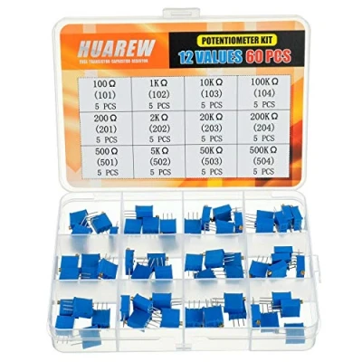 Imagen de HUAREW 12 valores 60 piezas 3296W potenciómetro de recortador múltiples vueltas 100 500 K ohm azul 3296 kit clasificación resistencia variable ajuste superior