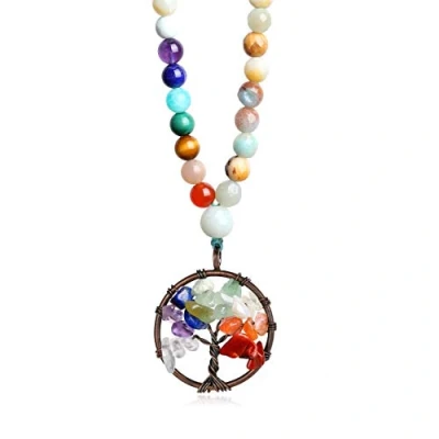 Imagen de COAI Collar Mala con 108 Cuentas de Amazonita Multicolor y Piedras Chakras Amuleto Árbol la Vida