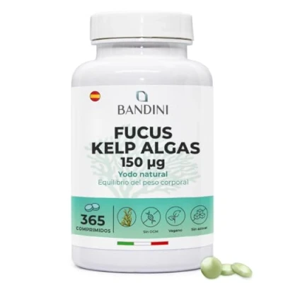 Imagen de Bandini® Fucus Kelp Algae Fuente natural de yodo procedente algas pardas Metabolismo energético, uñas, cabello Vegano, sin aditivos 365 comprimidos para un suministro anual 150mcg
