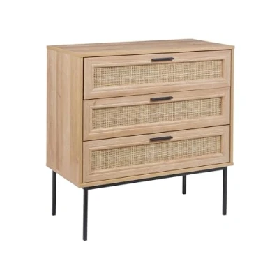 Imagen de Cómoda de ratán con 3 cajones frente mimbre tablero partículas patas estructura metal aparador estilo boho sala estar madera clara Pasco