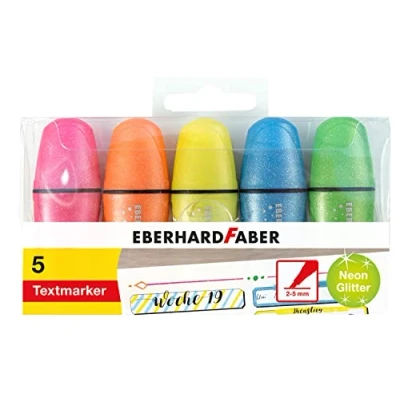 Imagen de Eberhard Faber 551408 Minijuego de rotuladores fluorescentes, purpurina neón, 5 con punta en cuña