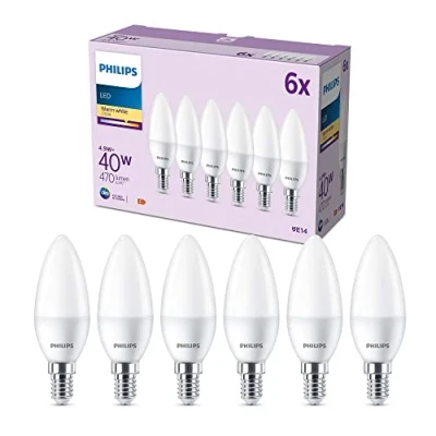 Imagen de Philips Bombilla LED tipo vela, 4.9W (Eq. 40W) 470 lúmenes, casquillo E14, Luz Blanca Cálida (2700k) Pack 6 Bombillas