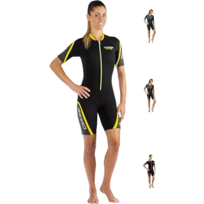 Imagen de Cressi Playa Lady Shorty Wetsuit 2.5 mm Traje Monoshort sin Capucha en Neopreno 2.5mm Biforrado, Mujer, Negro/Amarillo, XS