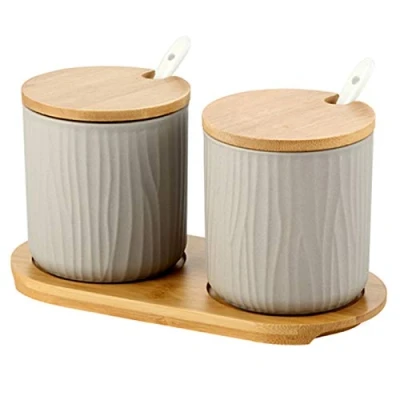 Imagen de OnePine Juego de 2 Azucarero, azucarero cerámica azúcar Pot con Tapa bambú y Cuchara, Cocina