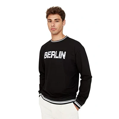Imagen de Trendyol Sudadera Relajada de Cuello Redondo con Eslogan, Negro, S para Hombre