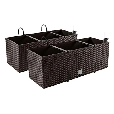 Imagen de 2 maceteros en aspecto de ratán con soportes, indicador nivel agua para balcón, jardineras