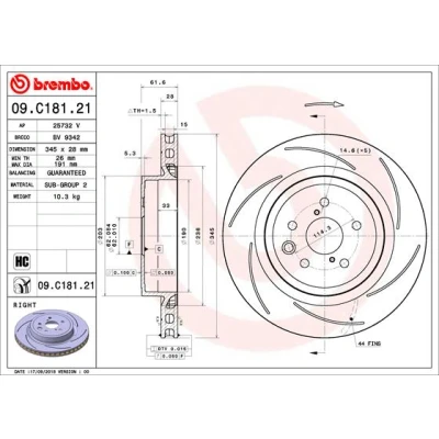 Imagen de BREMBO 09.C181.21 Disco de freno 345 28 5 ranurado, ventilación interna revestido altamente carbonizado LEXUS: GS IV