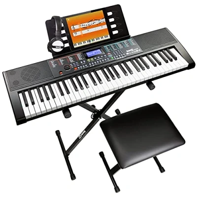 Imagen de Rockjam Kit de piano teclado llave 61 con soporte teclado, banco, auriculares, nota Pegatinas y lecciones, Color Negro