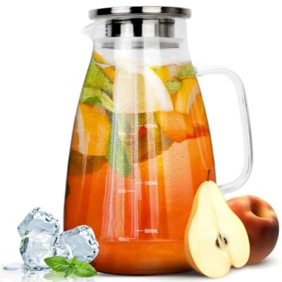 Imagen de HEFTMAN Jarra de Vidrio 2 Litros con Tapa Agua Cristal Resistente al Calor, para Té Helado, Leche, Jugo, Bebida Fría y Caliente