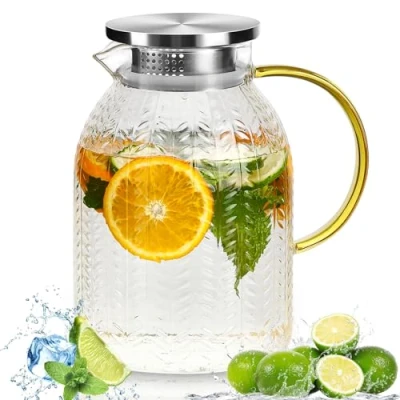 Imagen de Rubessia Jarras Agua Cristal 2L, Jarra de Vidrio con Tapa Acero Inoxidable, Borosilicato, Botellas para Jugo Café, Leche, Bebidas Frías o Calientes