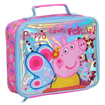 Imagen de Luxury Peppa Pig Bolsa de almuerzo para niñas, escuela, guardería, con lentejuelas, aislante, color rosa