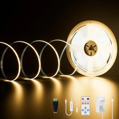 Imagen de PAUTIX Kit de Tira LED COB 10M Blanco Cálido 3000K,480LEDs Regulable DC24V,Kit luz Cinta con Función Temporizador Remoto RF y Fuente Alimentación para iluminación del hogar
