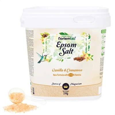 Imagen de Nortembio Sal de Epsom 3 Kg. Fragancia Vainilla y Canela. Baño Hidratada con Vitamina C E. Relajación Músculos, Aromaterapia Buen Sueño. E Book Incluido.