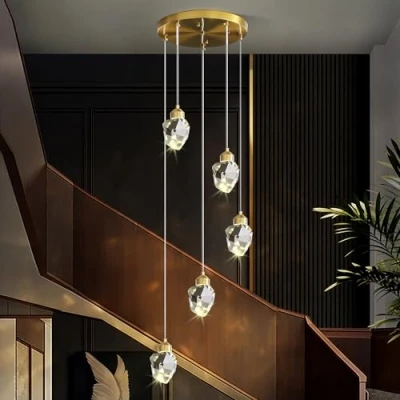 Imagen de Lámpara Colgante De Cristal Moderna, LED 3 Colores, Para Isla Cocina Dormitorio Sala Estar Iluminación Del Comedor (Oro, Base Redonda 5 Cabezas)