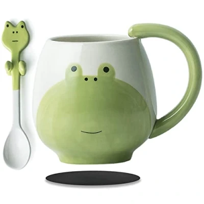 Imagen de Arawat taza de rana con diseño animales 3D rana, 350 ml, cuchara, regalo té, regalo, cumpleaños para novia, novio, niños, mujeres, hombres