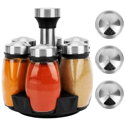 Imagen de Belle Vous Soporte Organizador Especias Giratorio con 6 Botes y Tapas Plateadas Especiero para Cocina de Acero Estante Sobremesa Almacenaje Hierbas
