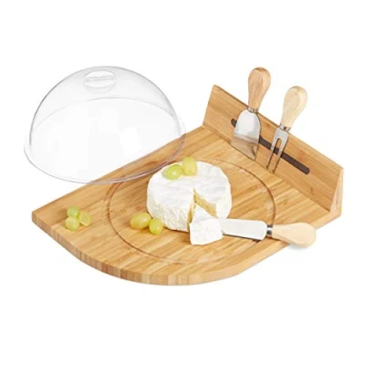 Imagen de Relaxdays Tabla Quesos con Cubiertos, Quesera Campana, Cortador y Barra Imantada, Bambú, Marrón