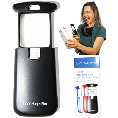 Imagen de EasY Magnifier Lupa de Bolsillo con Luz LED 3X movil; Lupas pequeña Lectura Gran Aumento Profesional; Mano Niños iluminada para Leer; Regalos Personas Mayores e Infantil