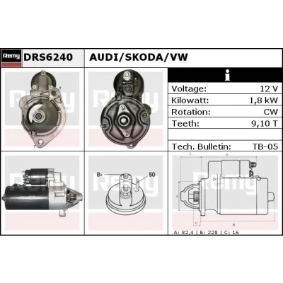 Imagen de DELCO Remy DRS6240 Motor de arranque 12 1,8 9, 10 SOL60 82,4 Remanufactured AUDI: A4 B6 Berlina, A6 C4 B5 Berlina