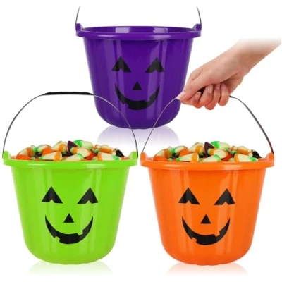 Imagen de com four® 3X Cubo de Calabaza Halloween plástico con diseño para Recoger Dulces Bolsa recolectora asa